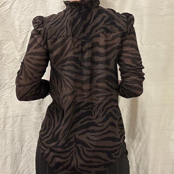 ba&sh Sisco Animal Print Ruffle Sheer Blouse Brown Black Naturel Career Sz Small - Picture 3 of 12